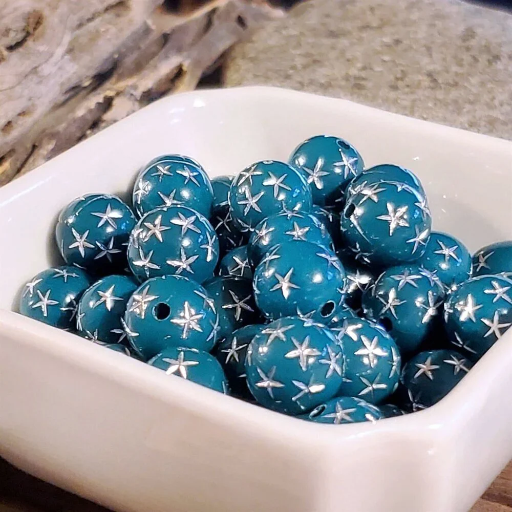 Vintage Retro Teal Green Silver Stars 12mm Round Acrylic Shabby Beads 10 pcs
